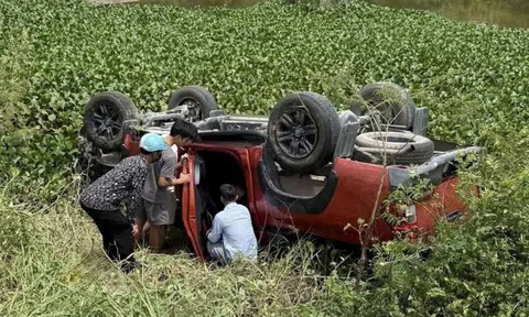 Xe bán tải do người phụ nữ mang thai điều khiển tông hàng loạt cọc tiêu rồi lao xuống sông