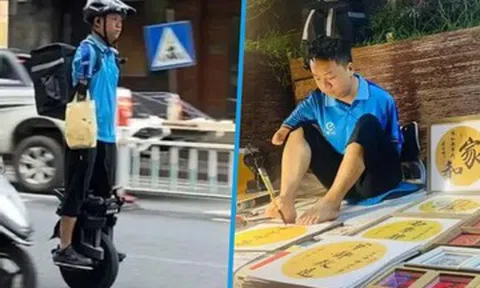 Mất cả 2 tay, người đàn ông miệt mài đi giao hàng, viết thư pháp bằng chân