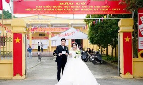 Cô dâu, chú rể mặc áo cưới đi bầu cử