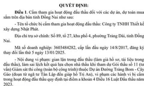 Đồng Nai: Cấm một công ty tham gia đấu thầu dự án